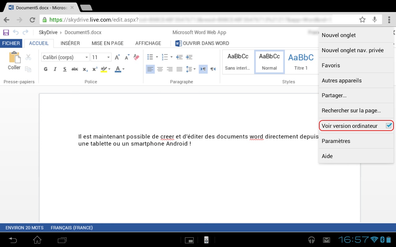 Edition d'un document Office depuis Chrome pour Android