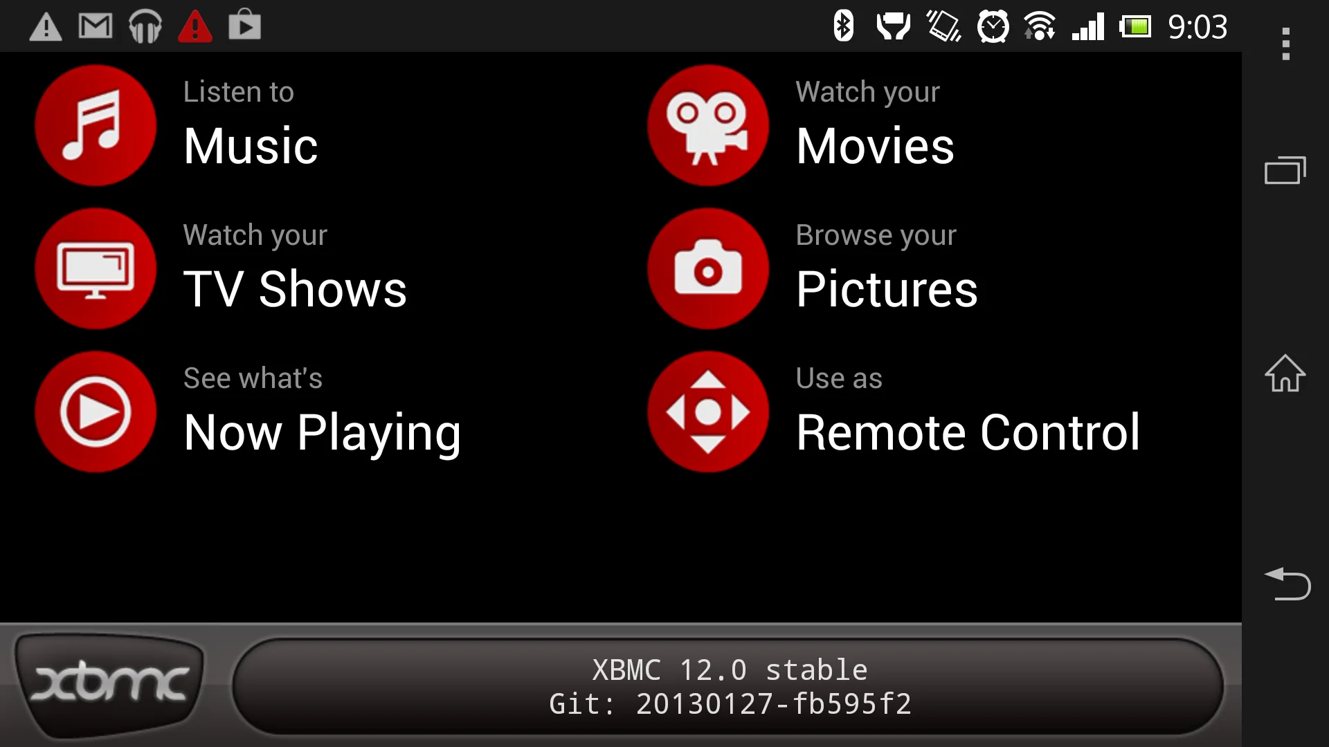 Ecran d'accueil XBMC Remote