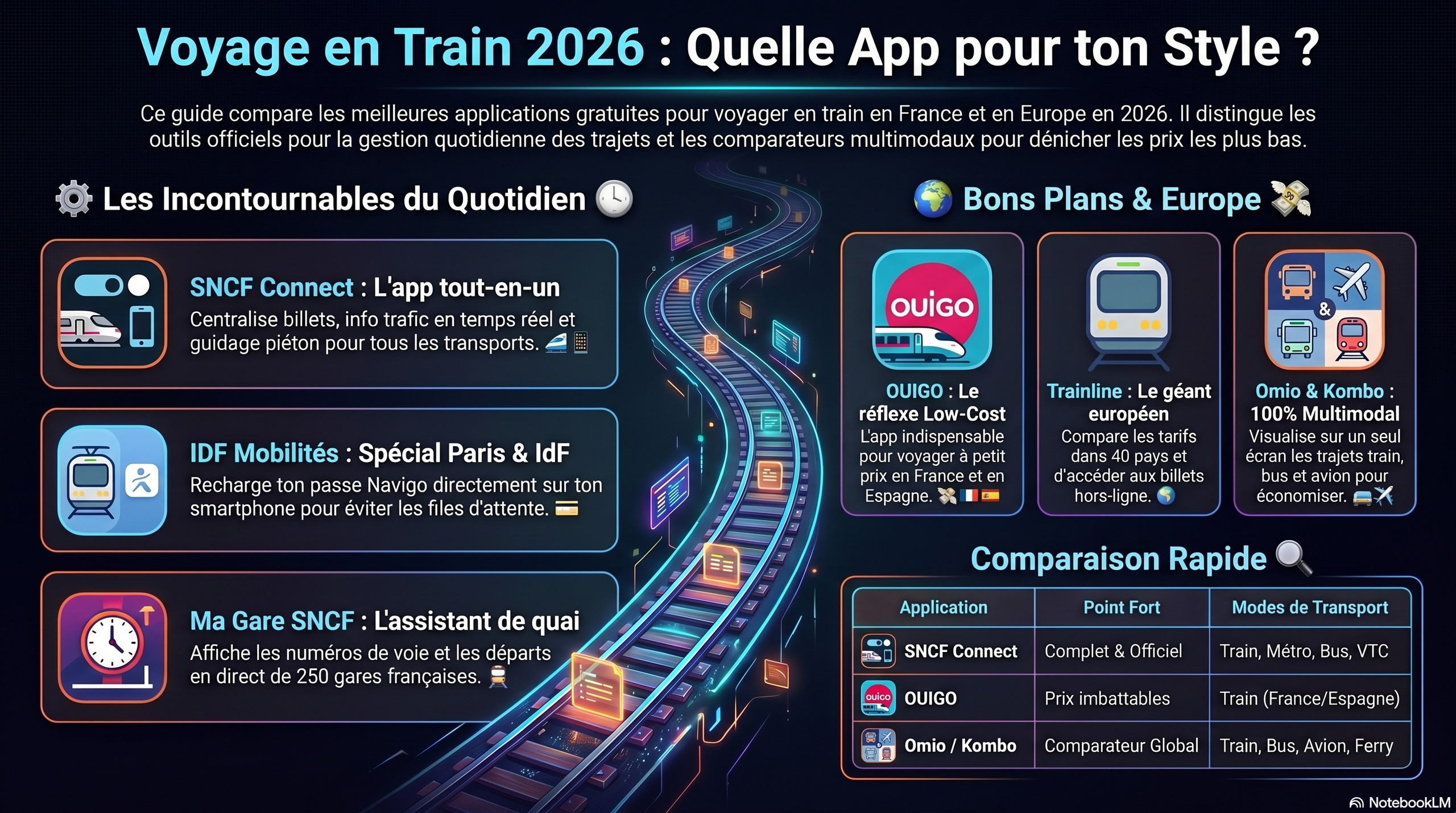Il s'agit d'une infographie en français intitulée « Voyage en Train 2026 : Quelle App pour ton Style ? ». Le design est moderne, de style "cyberpunk" ou futuriste, avec un fond sombre, des lignes de néon bleu et orange, et une voie ferrée stylisée et lumineuse qui serpente au centre de l'image.L'infographie est divisée en plusieurs sections distinctes :1. En-tête (Introduction)Titre principal : "Voyage en Train 2026 : Quelle App pour ton Style ?" écrit en blanc et bleu clair.Texte d'introduction : Un court paragraphe expliquant que le guide compare les meilleures applications gratuites pour voyager en train en France et en Europe en 2026, en distinguant les outils officiels des comparateurs multimodaux.2. Les Incontournables du Quotidien (Section Gauche)Cette section regroupe trois applications officielles présentées dans des encadrés aux bords arrondis :SNCF Connect : L'app tout-en-un – Centralise les billets, les infos trafic en temps réel et le guidage piéton.IDF Mobilités : Spécial Paris & IdF – Permet de recharger le passe Navigo directement sur smartphone.Ma Gare SNCF : L'assistant de quai – Affiche les numéros de voie et les départs en direct de 250 gares françaises.3. Bons Plans & Europe (Section Droite - Haut)Cette section met en avant trois solutions pour économiser ou voyager à l'étranger :OUIGO : Le réflexe Low-Cost – Pour voyager à petit prix en France et en Espagne.Trainline : Le géant européen – Compare les tarifs dans 40 pays et permet d'accéder aux billets hors-ligne.Omio & Kombo : 100% Multimodal – Visualise sur un seul écran les trajets en train, bus et avion.4. Comparaison Rapide (Section Droite - Bas)Un petit tableau récapitulatif compare trois profils d'applications :SNCF Connect : Point fort : Complet & Officiel | Modes : Train, Métro, Bus, VTCOUIGO : Point fort : Prix imbattables | Modes : Train (France/Espagne)Omio / Kombo : Point fort : Comparateur Global | Modes : Train, Bus, Avion, FerryNote de bas de page : Le logo "NotebookLM" est visible en bas à droite de l'image.