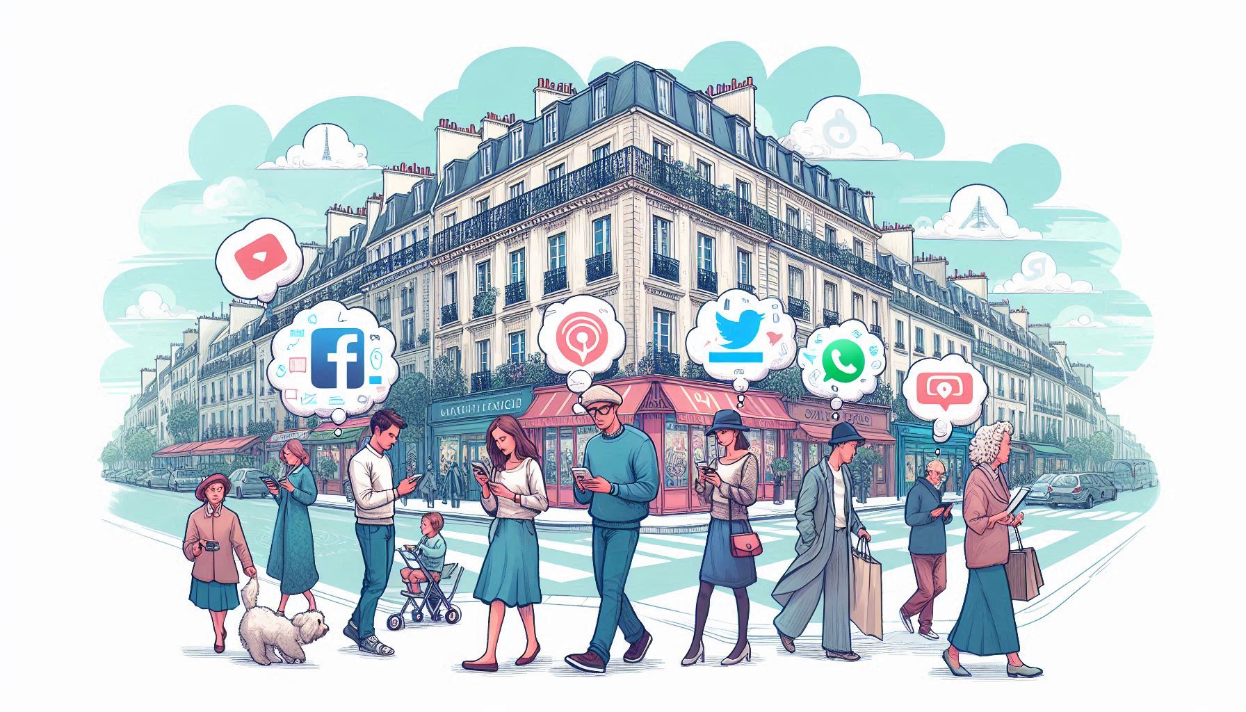 une scène de rue française typique avec des bâtiments parisiens en arrière-plan. Dessine des personnes de différents âges (jeunes, adultes, seniors) marchant ou prenant leur café, chacun tenant un smartphone ou une tablette, avec des bulles de pensée montrant des logos de réseaux sociaux, des articles d'actualité et des jeux en ligne.