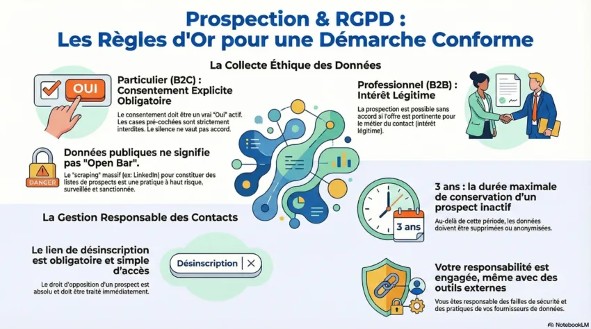 Infographie en français intitulée "Prospection & RGPD : Les Règles d’Or pour une démarche conforme". Elle résume les obligations légales en matière de prospection commerciale : consentement explicite obligatoire pour les particuliers (B2C), prospection B2B fondée sur l’intérêt légitime, mise en garde contre le scraping massif de données publiques, obligation d’un lien de désinscription simple, durée maximale de conservation d’un prospect inactif de 3 ans, et responsabilité de l’entreprise même lorsqu’elle utilise des outils ou fournisseurs externes. Le visuel utilise des pictogrammes (bouton OUI, cadenas danger, horloge 3 ans, bouclier de sécurité) pour illustrer chaque règle.