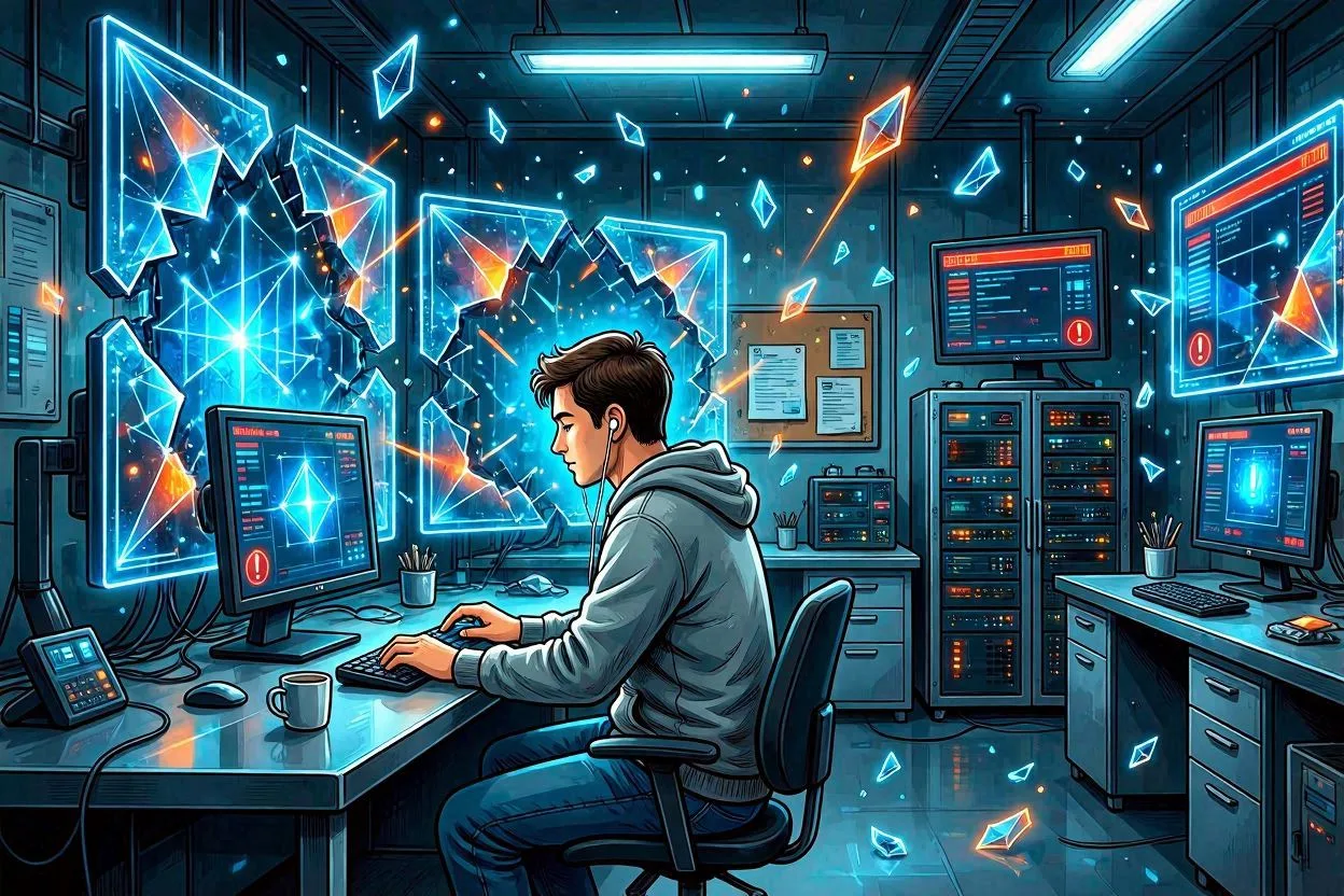 Une salle de contrôle d’intelligence artificielle où des barrières holographiques explosent en fragments lumineux, des écrans affichent des alertes rouges tandis qu’un utilisateur ordinaire clique tranquillement, contraste entre banalité humaine et catastrophe technologique, palette vive bleu électrique et orange, style illustration éditoriale moderne