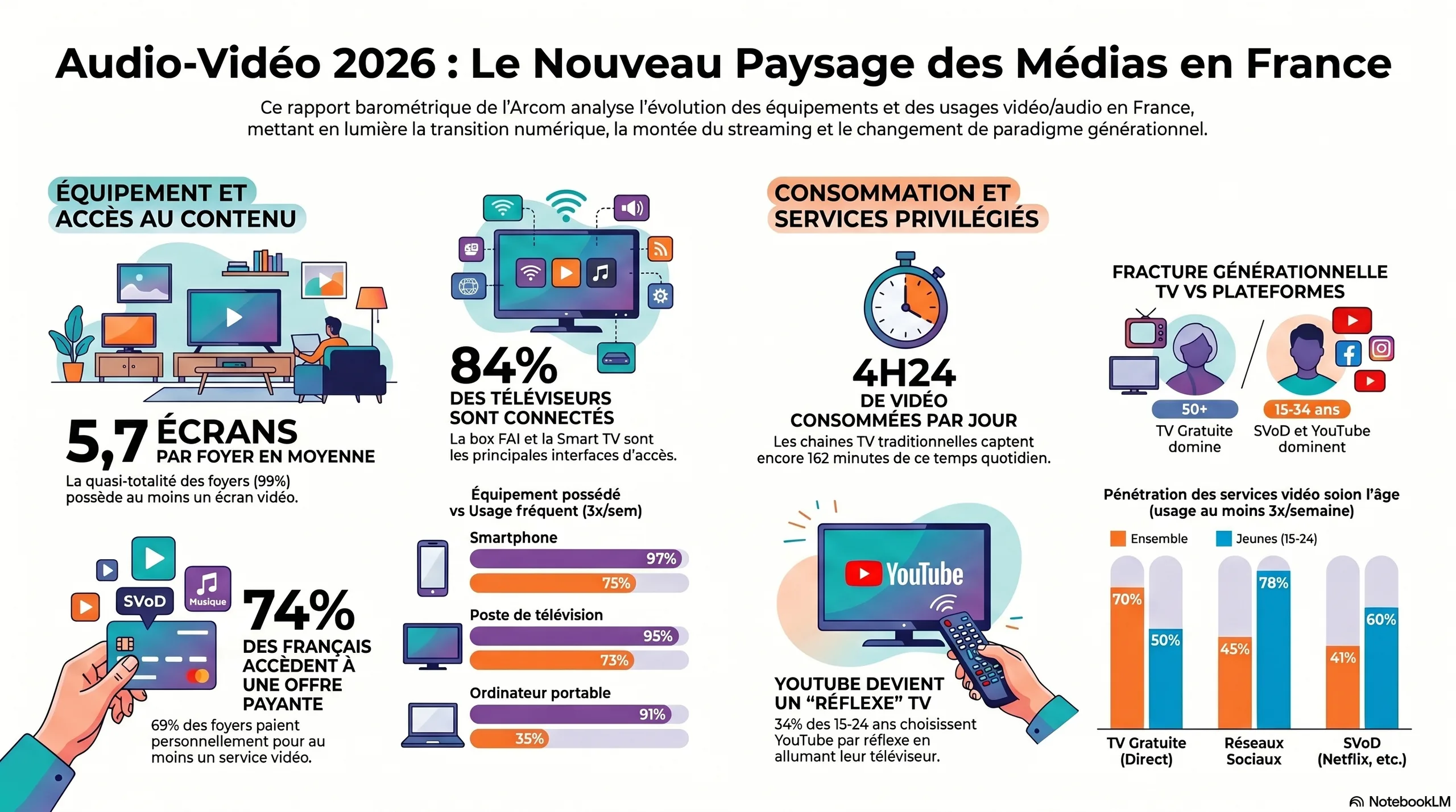 Cette infographie, intitulée « Audio-Vidéo 2026 : Le Nouveau Paysage des Médias en France », propose une vue d'ensemble plus technique sur l'équipement des foyers et la convergence entre les écrans traditionnels et les services numériques.Voici l'analyse des données présentées :1. Équipement et Accès au ContenuCette section montre une saturation technologique des foyers français :Multi-équipement : On compte en moyenne 5,7 écrans par foyer. La quasi-totalité des foyers (99 %) possède au moins un écran vidéo.Offres payantes : 74 % des Français accèdent à une offre payante (SVoD, musique, etc.), et 69 % des foyers paient personnellement pour au moins un service vidéo.La Smart TV domine : 84 % des téléviseurs sont connectés, principalement via les box des fournisseurs d'accès internet (FAI) et les Smart TV.2. Consommation et Nouveaux RéflexesL'infographie souligne un changement de comportement face au poste de télévision :Volume global : On retrouve le chiffre de 4h24 de vidéo par jour, dont 162 minutes pour les chaînes traditionnelles.YouTube sur grand écran : YouTube n'est plus seulement un usage mobile. 34 % des 15-24 ans choisissent YouTube par "réflexe" dès qu'ils allument leur téléviseur.Équipement vs Usage fréquent : Le graphique montre un décalage intéressant :Le Smartphone est possédé par 97 % des gens et utilisé fréquemment par 75 %.L'Ordinateur portable, bien que possédé à 91 %, n'est utilisé fréquemment pour la vidéo que par 35 % des sondés.3. Fracture Générationnelle TV vs PlateformesL'image synthétise l'opposition entre deux groupes d'âge :Les 50 ans et + : La TV gratuite reste le média dominant.Les 15-34 ans : La SVoD (Netflix, etc.) et YouTube sont les modes de consommation principaux.Un graphique en barres vient confirmer cette pénétration des services (usage $\geq$ 3x/semaine) :Réseaux Sociaux : Utilisés par 78 % des jeunes (15-24) contre 45 % de l'ensemble de la population.TV Gratuite : Utilisée par seulement 50 % des jeunes contre 70 % de l'ensemble.SVoD : Utilisée par 60 % des jeunes contre 41 % de l'ensemble.Synthèse visuelleCette infographie utilise des illustrations modernes (mains tenant une carte de crédit ou une télécommande, icônes de réseaux sans fil) pour montrer que la télévision, en devenant "connectée", est devenue le champ de bataille principal entre les chaînes historiques et les géants du streaming.En résumé, ce document montre que si le matériel (l'écran de télévision) reste central, son usage est désormais totalement hybride, piloté par la transition numérique.