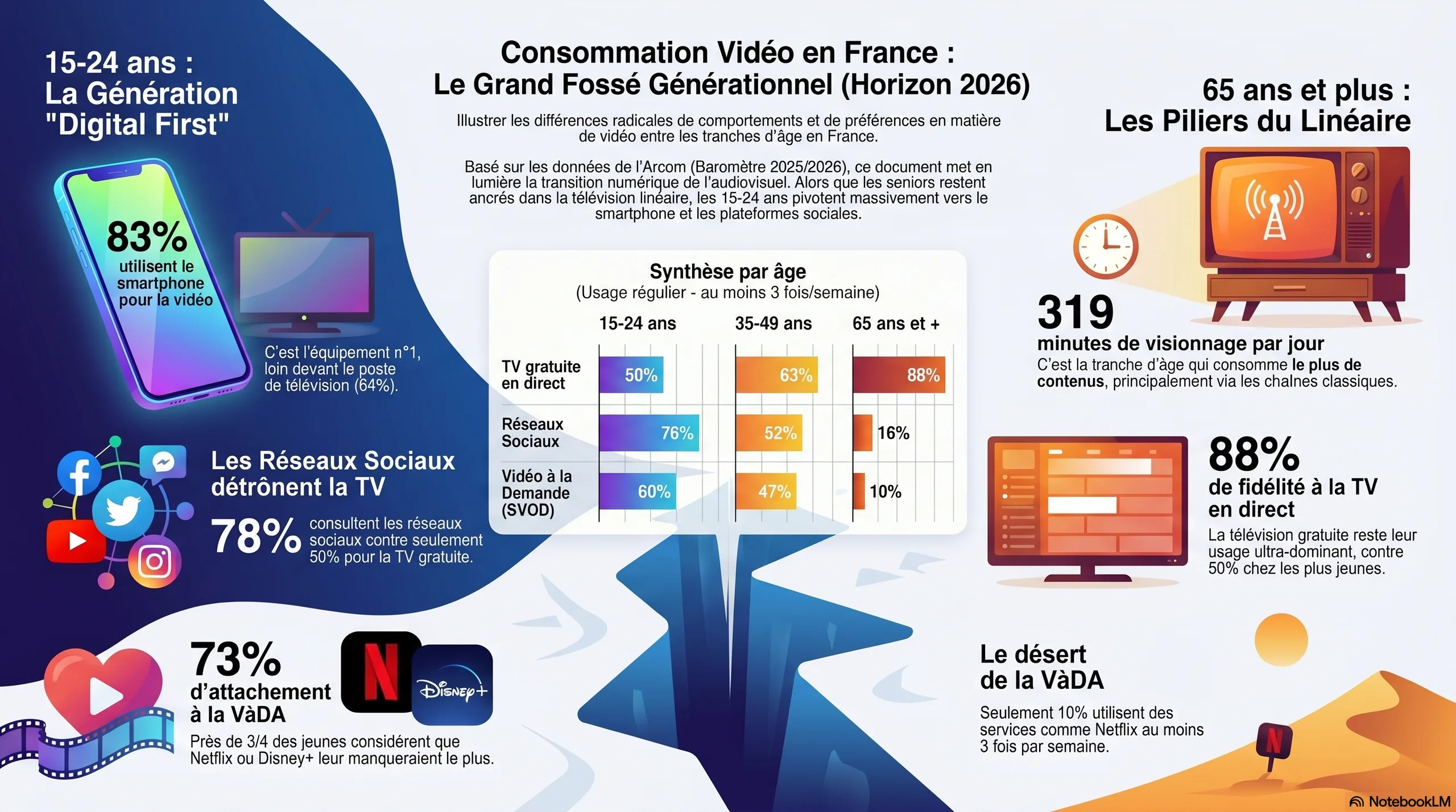 Cette image est une infographie intitulée « Consommation Vidéo en France : Le Grand Fossé Générationnel (Horizon 2026) ». Elle illustre le contraste frappant entre les habitudes de consommation des jeunes (15-24 ans) et des seniors (65 ans et plus).Voici une description détaillée de ses différentes sections :1. La Section Jeunesse : « Digital First » (15-24 ans)Située à gauche sur fond bleu/violet, elle met en avant l'omniprésence du numérique :Équipement : 83 % utilisent leur smartphone pour regarder des vidéos, ce qui en fait leur appareil principal, devant la télévision (64 %).Réseaux Sociaux : Ils détrônent la télévision gratuite. 78 % des jeunes consultent des vidéos sur les réseaux sociaux, contre seulement 50 % qui regardent la TV en direct.Attachement émotionnel : 73 % déclarent qu'ils auraient du mal à se passer des services de Vidéo à la Demande (VàDA) comme Netflix ou Disney+.2. La Section Seniors : « Les Piliers du Linéaire » (65 ans et +)Située à droite sur fond orangé et désertique, elle montre un attachement aux médias traditionnels :Volume de visionnage : C'est la tranche d'âge la plus consommatrice avec 319 minutes (soit plus de 5 heures) de visionnage par jour.Fidélité à la TV : 88 % restent fidèles à la télévision en direct, un usage ultra-dominant.Le désert de la VàDA : À l'inverse des jeunes, seuls 10 % d'entre eux utilisent régulièrement des services de streaming comme Netflix.3. Synthèse Comparative (Le centre)Un tableau central compare l'usage régulier (au moins 3 fois par semaine) pour trois tranches d'âge :Médium15-24 ans35-49 ans65 ans et +TV gratuite en direct50 %63 %88 %Réseaux Sociaux76 %52 %16 %VàDA (SVOD)60 %47 %10 %4. Éléments Visuels et MétaphoriquesLe Fossé : Au centre, une illustration d'une faille béante (un canyon) sépare physiquement les deux mondes, symbolisant la rupture technologique.L'Iconographie : À gauche, on trouve des symboles modernes (smartphones, logos Facebook, YouTube, Instagram), tandis qu'à droite, on voit un poste de télévision vintage et une horloge.Source : Les données sont attribuées à l'Arcom (Baromètre 2025/2026).L'image souligne donc une transition numérique majeure où l'âge est le facteur déterminant de la manière dont les Français consomment l'audiovisuel.