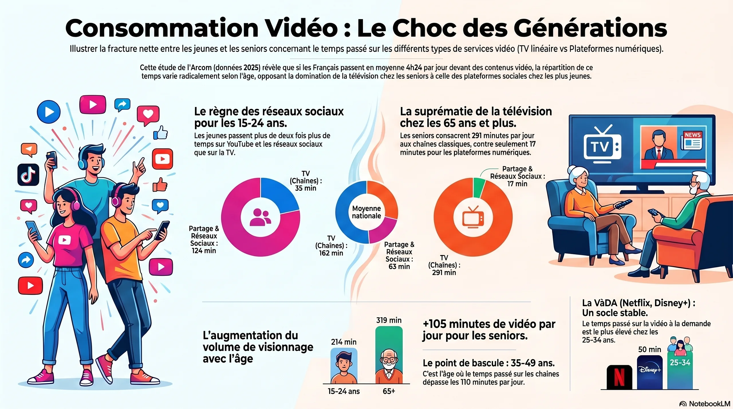 Cette nouvelle infographie, intitulée « Consommation Vidéo : Le Choc des Générations », complète la précédente en se concentrant spécifiquement sur le temps passé (en minutes) par type de service. Elle s'appuie sur les données de l'Arcom (2025).Voici la description détaillée des données présentées :1. Une moyenne nationale contrastéeL'étude indique que les Français passent en moyenne 4h24 par jour devant des contenus vidéo. Cependant, cette moyenne cache des disparités extrêmes :Moyenne nationale globale : 162 min sur la TV classique contre 63 min sur les réseaux sociaux.2. Le duel des extrêmes : Jeunes vs SeniorsL'infographie utilise des graphiques "donut" pour comparer la répartition du temps :Les 15-24 ans : Le règne des réseaux sociaux124 min (plus de 2 heures) sont consacrées au partage et aux réseaux sociaux (YouTube, TikTok, etc.).Seulement 35 min sont passées devant la télévision classique.Le constat : Ils passent deux fois plus de temps sur les plateformes numériques que sur la TV.Les 65 ans et plus : La suprématie de la télévision291 min (près de 5 heures) sont consacrées à la télévision linéaire.Seulement 17 min sont dédiées aux plateformes numériques.Le constat : Un mode de consommation quasi exclusivement traditionnel.3. Le volume global et les points de basculeL'augmentation avec l'âge : Le volume total de visionnage croît de manière spectaculaire avec les années. On passe de 214 min chez les 15-24 ans à 319 min chez les plus de 65 ans (soit +105 minutes par jour pour les seniors).Le point de bascule (35-49 ans) : C'est l'âge charnière où la télévision classique reprend l'avantage, dépassant les 110 minutes par jour.La VàDA (Netflix, Disney+) : Contrairement aux réseaux sociaux, ce segment est le plus fort chez les 25-34 ans avec 50 minutes par jour.4. Identité VisuelleÀ gauche (Jeunesse) : Trois jeunes debout, dynamiques, utilisant des smartphones avec des logos YouTube, TikTok et Instagram flottant autour d'eux.À droite (Seniors) : Un couple de seniors confortablement installé dans des fauteuils face à un grand écran plat diffusant le journal télévisé.Style : Les couleurs (bleu/rose pour les jeunes, orange/brun pour les seniors) renforcent visuellement l'opposition des deux mondes.