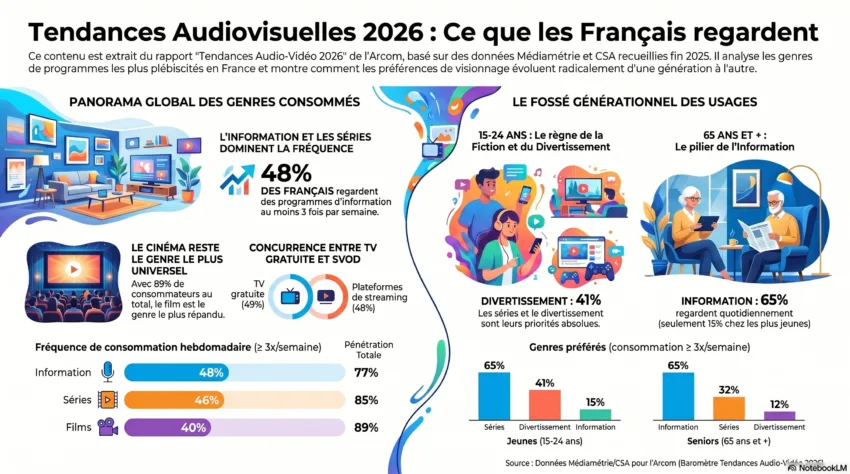 Infographie est intitulée « Tendances Audiovisuelles 2026 : Ce que les Français regardent ». Ce document s'intéresse spécifiquement aux genres de programmes (cinéma, séries, info) plébiscités par les Français, d'après les données Médiamétrie/CSA pour l'Arcom.1. Description de l'imageA. Panorama global des genres consommés (Partie gauche)Cette section présente la consommation globale des Français, toutes générations confondues :L'Information : C'est un rendez-vous très fréquent. 48 % des Français regardent des programmes d'information au moins 3 fois par semaine (pénétration totale de 77 %).Le Cinéma (Le genre universel) : C'est le genre le plus largement partagé avec 89 % de pénétration totale (40 % des Français regardent des films de manière fréquente, au moins 3x/semaine).Les Séries : Fortement ancrées avec 46 % de consommation fréquente et 85 % de pénétration totale.Match TV vs SVOD : La concurrence est quasi parfaite pour la consommation de fiction : la TV gratuite capte 49 % de l'audience, tandis que les plateformes de streaming (SVOD) en captent 48 %.B. Le fossé générationnel des usages (Partie droite)L'infographie sépare radicalement les goûts selon l'âge via deux graphiques en barres :Les 15-24 ans (Le règne de la Fiction et du Divertissement) :Leurs priorités absolues sont les Séries (65 %) et le Divertissement (41 %).L'Information est la grande délaissée, avec seulement 15 % de consommation régulière.Les 65 ans et plus (Le pilier de l'Information) :À l'exact opposé, l'Information domine à 65 % (consommation quotidienne).Les Séries tombent à 32 % et le Divertissement est marginal (12 %).C. Identité VisuelleUne onde fluide bleue et orange sépare le panorama global (gauche) du focus générationnel (droite).Les illustrations appuient le propos : à gauche, un salon moderne et une salle de cinéma ; à droite, des jeunes entourés d'écrans et de manettes de jeux font face à un couple de seniors lisant le journal et consultant une tablette dans un décor feutré.