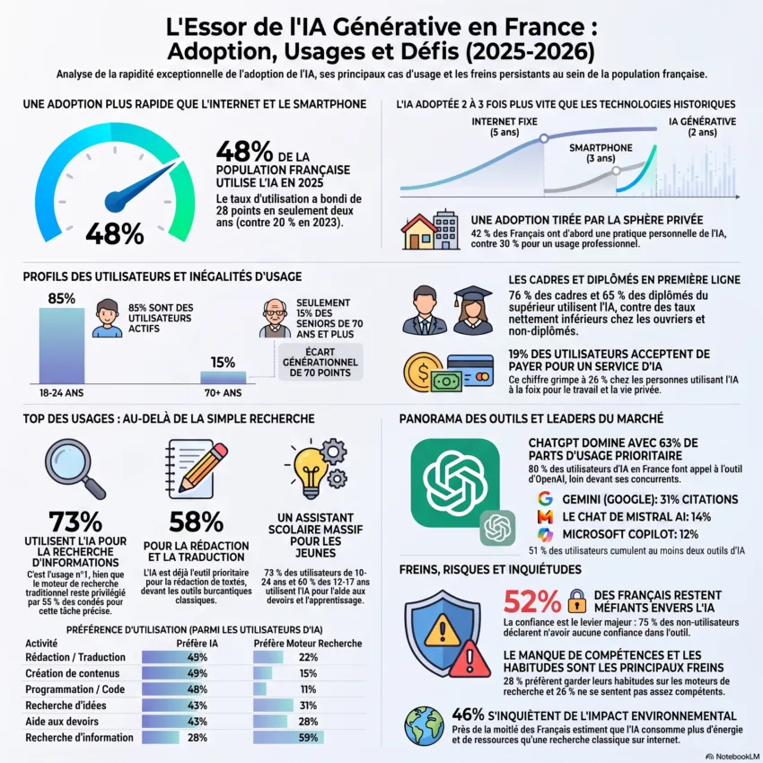 Infographie intitulée "L'Essor de l'IA Générative en France : Adoption, Usages et Défis (2025-2026)". Elle présente des statistiques clés sur l'adoption rapide de l'IA par les Français, les disparités générationnelles et professionnelles, les usages principaux (recherche, rédaction, aide scolaire), la domination de ChatGPT sur le marché, ainsi que les freins majeurs liés à la méfiance, au manque de compétences et à l'impact environnemental.